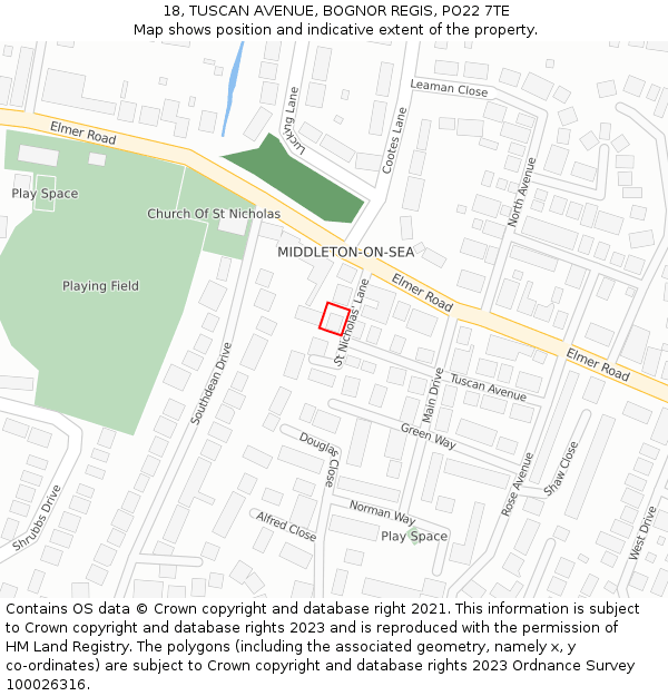 18, TUSCAN AVENUE, BOGNOR REGIS, PO22 7TE: Location map and indicative extent of plot