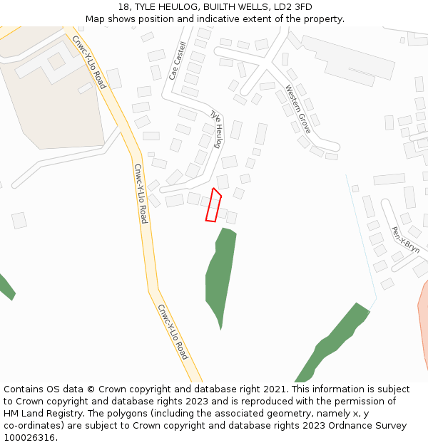 18, TYLE HEULOG, BUILTH WELLS, LD2 3FD: Location map and indicative extent of plot