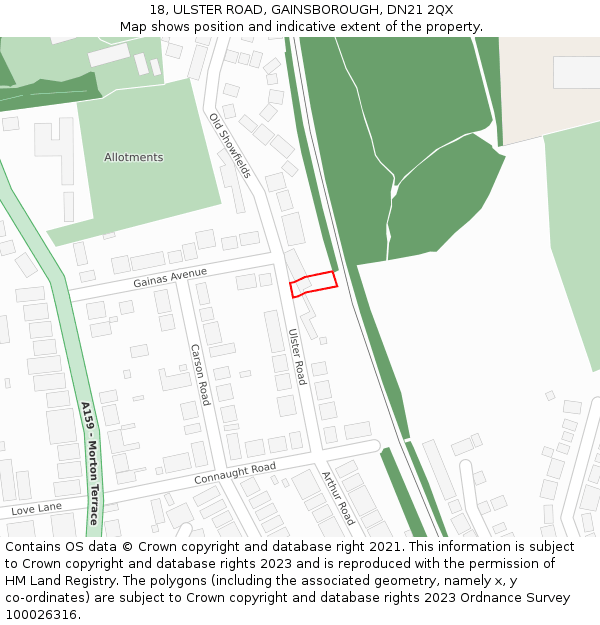 18, ULSTER ROAD, GAINSBOROUGH, DN21 2QX: Location map and indicative extent of plot