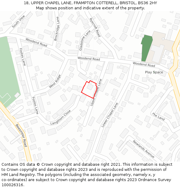 18, UPPER CHAPEL LANE, FRAMPTON COTTERELL, BRISTOL, BS36 2HY: Location map and indicative extent of plot