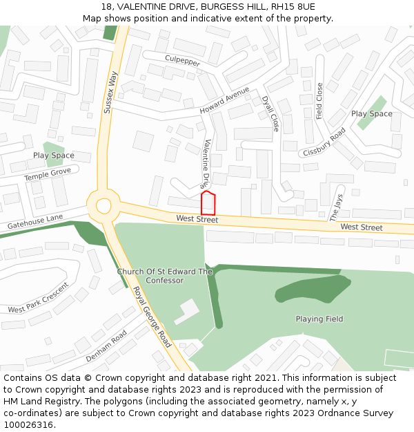 18, VALENTINE DRIVE, BURGESS HILL, RH15 8UE: Location map and indicative extent of plot