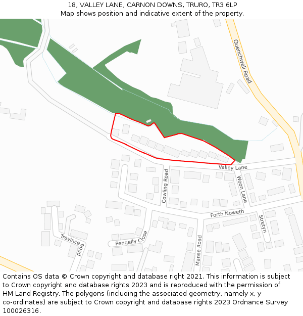 18, VALLEY LANE, CARNON DOWNS, TRURO, TR3 6LP: Location map and indicative extent of plot