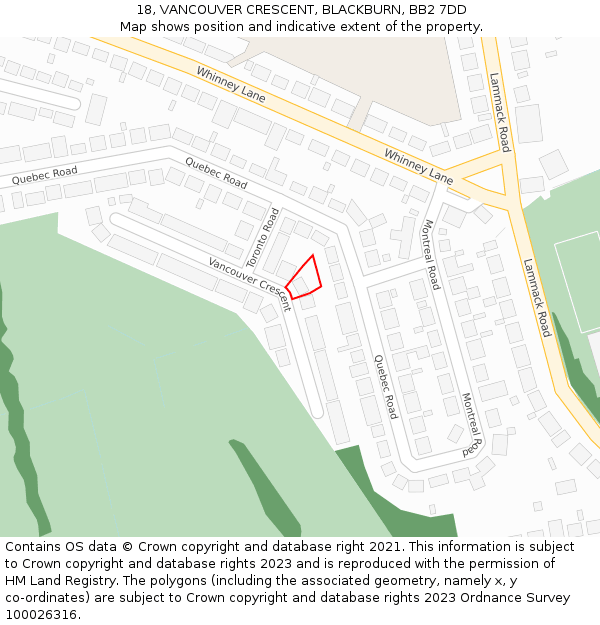 18, VANCOUVER CRESCENT, BLACKBURN, BB2 7DD: Location map and indicative extent of plot