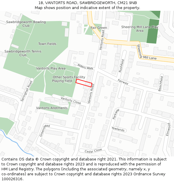 18, VANTORTS ROAD, SAWBRIDGEWORTH, CM21 9NB: Location map and indicative extent of plot