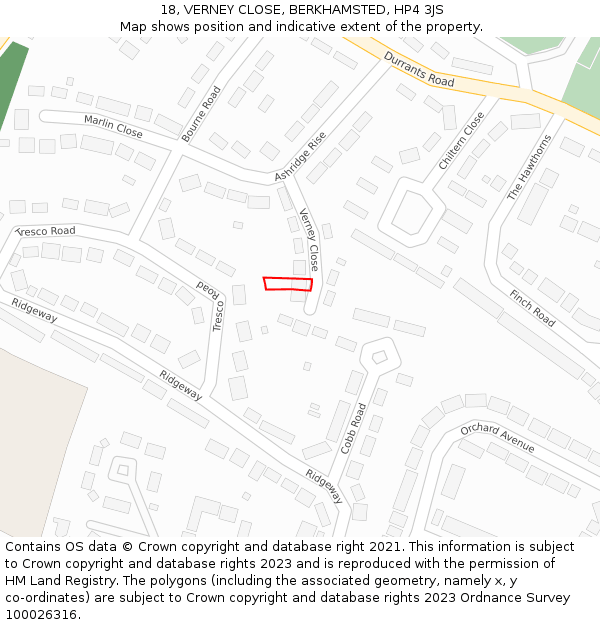 18, VERNEY CLOSE, BERKHAMSTED, HP4 3JS: Location map and indicative extent of plot