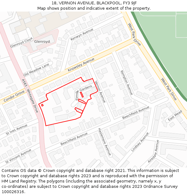 18, VERNON AVENUE, BLACKPOOL, FY3 9JF: Location map and indicative extent of plot