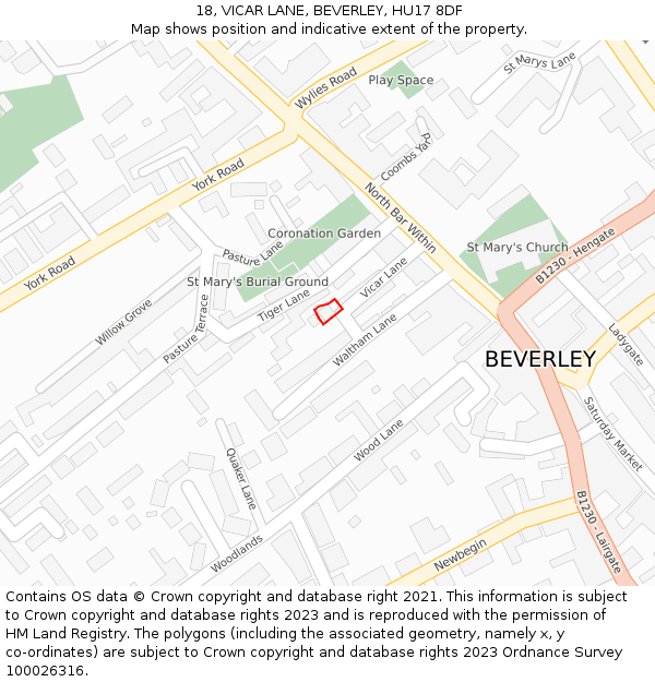 18, VICAR LANE, BEVERLEY, HU17 8DF: Location map and indicative extent of plot