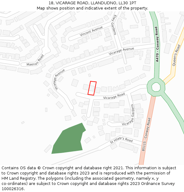 18, VICARAGE ROAD, LLANDUDNO, LL30 1PT: Location map and indicative extent of plot