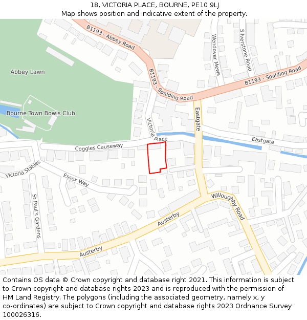 18, VICTORIA PLACE, BOURNE, PE10 9LJ: Location map and indicative extent of plot