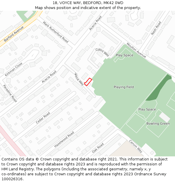 18, VOYCE WAY, BEDFORD, MK42 0WD: Location map and indicative extent of plot