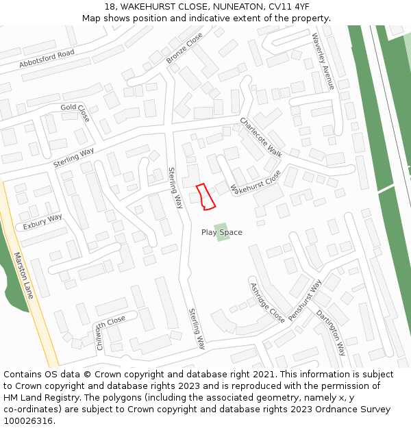 18, WAKEHURST CLOSE, NUNEATON, CV11 4YF: Location map and indicative extent of plot