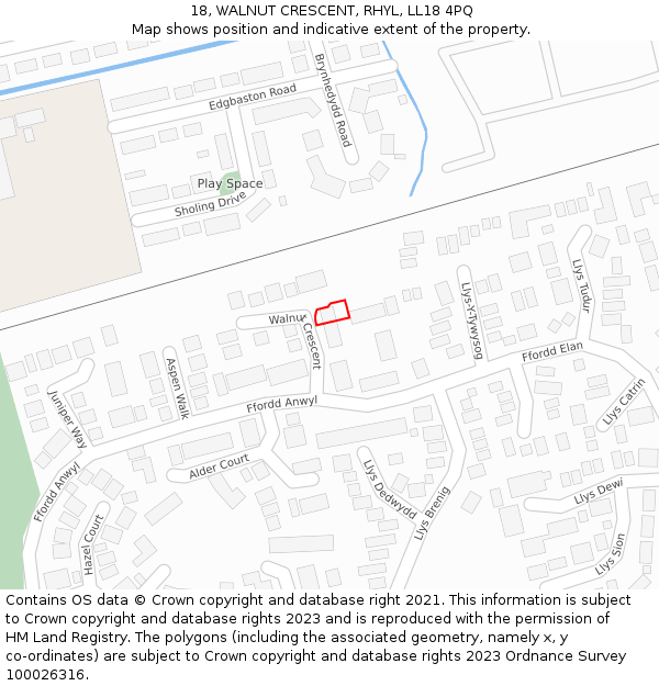 18, WALNUT CRESCENT, RHYL, LL18 4PQ: Location map and indicative extent of plot