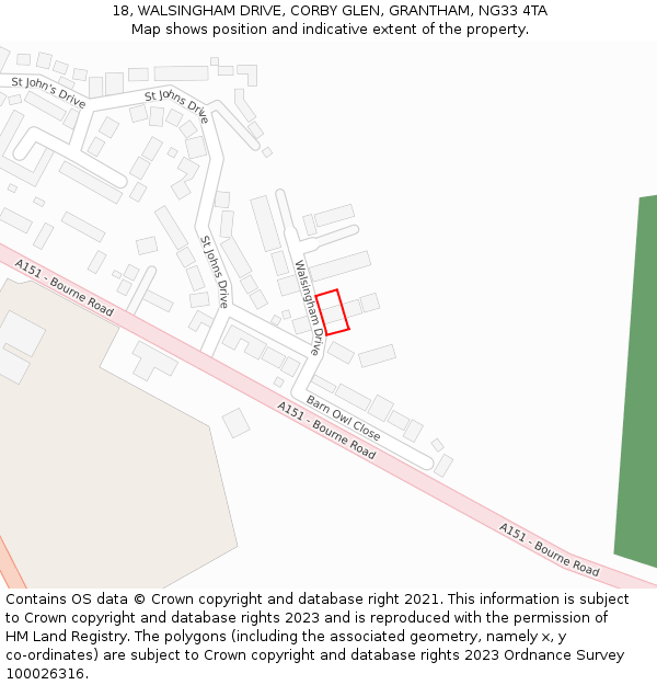 18, WALSINGHAM DRIVE, CORBY GLEN, GRANTHAM, NG33 4TA: Location map and indicative extent of plot