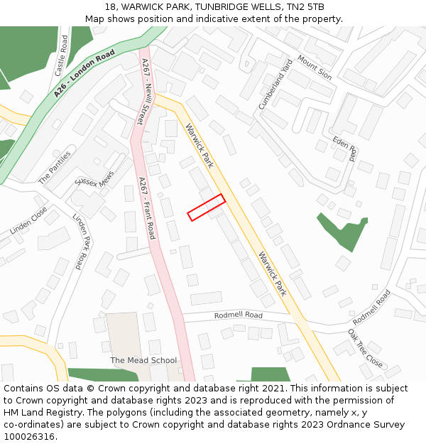 18, WARWICK PARK, TUNBRIDGE WELLS, TN2 5TB: Location map and indicative extent of plot