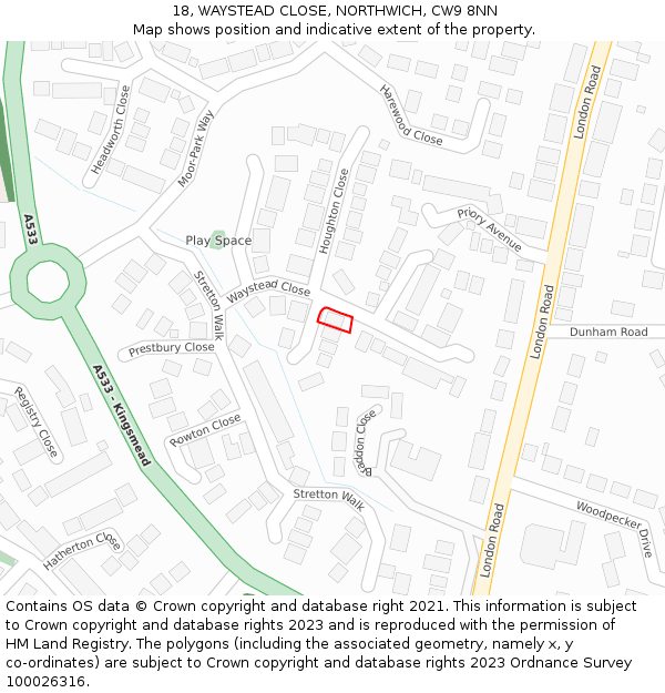 18, WAYSTEAD CLOSE, NORTHWICH, CW9 8NN: Location map and indicative extent of plot