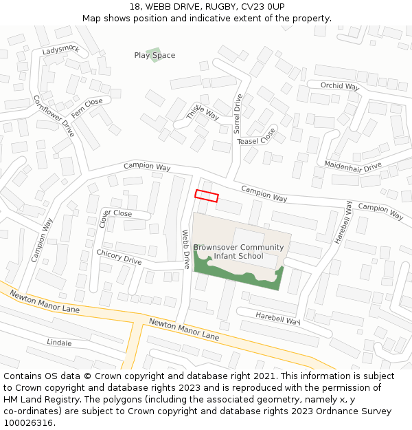 18, WEBB DRIVE, RUGBY, CV23 0UP: Location map and indicative extent of plot