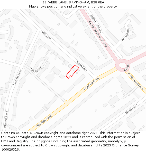 18, WEBB LANE, BIRMINGHAM, B28 0EA: Location map and indicative extent of plot