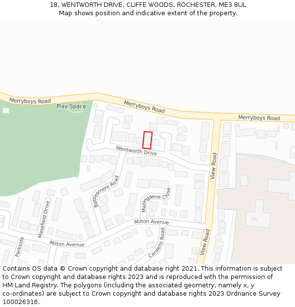18, WENTWORTH DRIVE, CLIFFE WOODS, ROCHESTER, ME3 8UL: Location map and indicative extent of plot