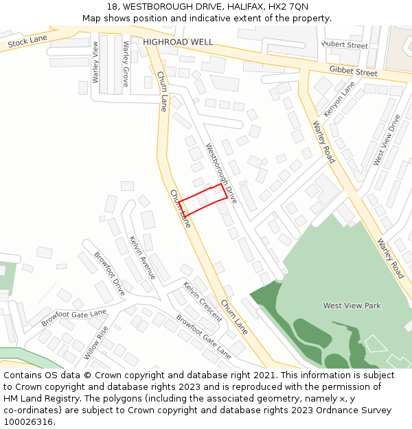 18, WESTBOROUGH DRIVE, HALIFAX, HX2 7QN: Location map and indicative extent of plot