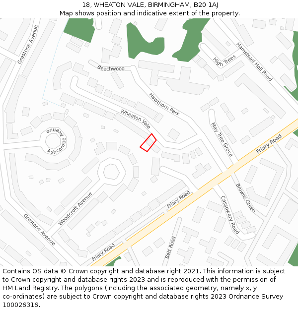 18, WHEATON VALE, BIRMINGHAM, B20 1AJ: Location map and indicative extent of plot