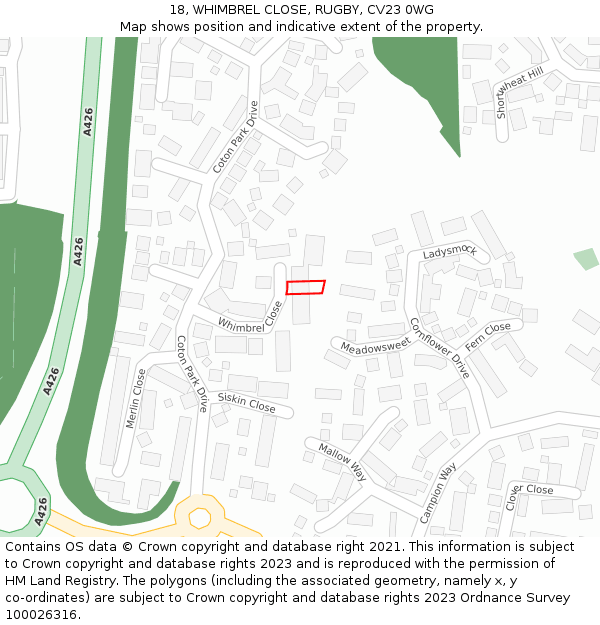 18, WHIMBREL CLOSE, RUGBY, CV23 0WG: Location map and indicative extent of plot