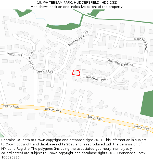 18, WHITEBEAM PARK, HUDDERSFIELD, HD2 2GZ: Location map and indicative extent of plot