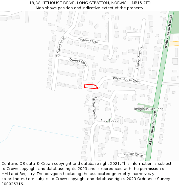 18, WHITEHOUSE DRIVE, LONG STRATTON, NORWICH, NR15 2TD: Location map and indicative extent of plot