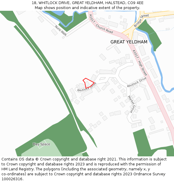 18, WHITLOCK DRIVE, GREAT YELDHAM, HALSTEAD, CO9 4EE: Location map and indicative extent of plot