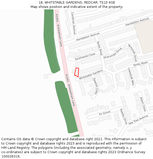 18, WHITSTABLE GARDENS, REDCAR, TS10 4GE: Location map and indicative extent of plot