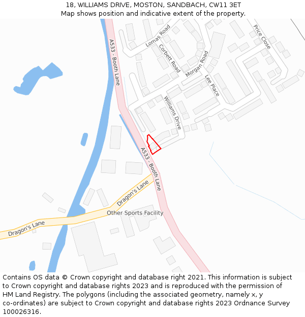 18, WILLIAMS DRIVE, MOSTON, SANDBACH, CW11 3ET: Location map and indicative extent of plot