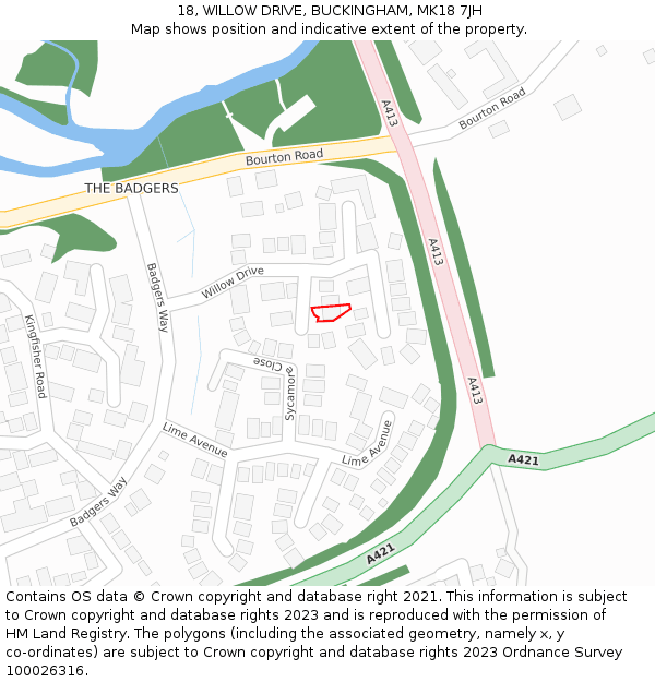 18, WILLOW DRIVE, BUCKINGHAM, MK18 7JH: Location map and indicative extent of plot