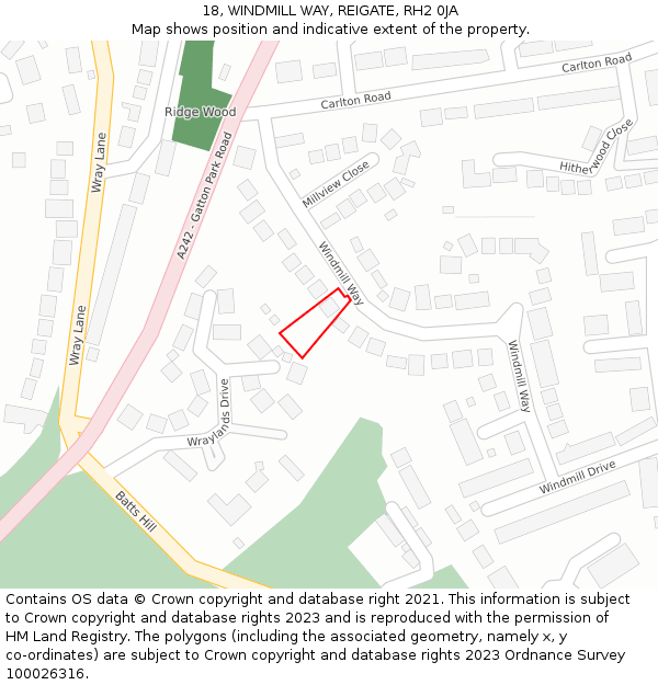 18, WINDMILL WAY, REIGATE, RH2 0JA: Location map and indicative extent of plot