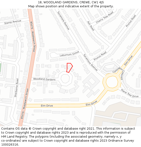 18, WOODLAND GARDENS, CREWE, CW1 4JS: Location map and indicative extent of plot