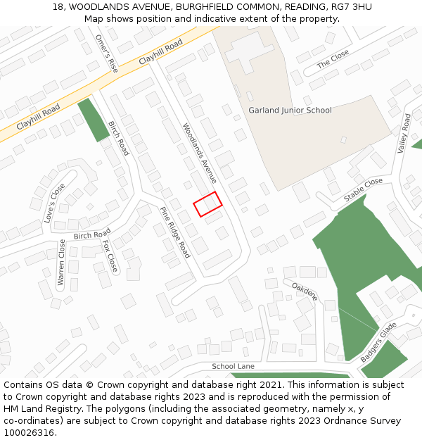 18, WOODLANDS AVENUE, BURGHFIELD COMMON, READING, RG7 3HU: Location map and indicative extent of plot