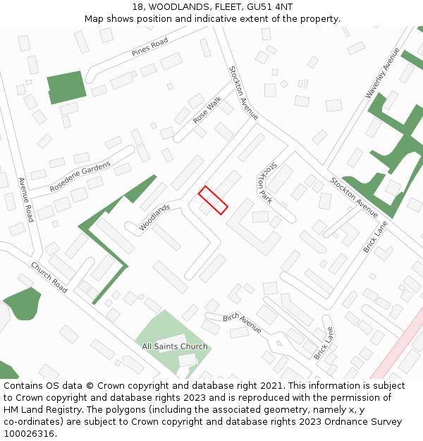18, WOODLANDS, FLEET, GU51 4NT: Location map and indicative extent of plot