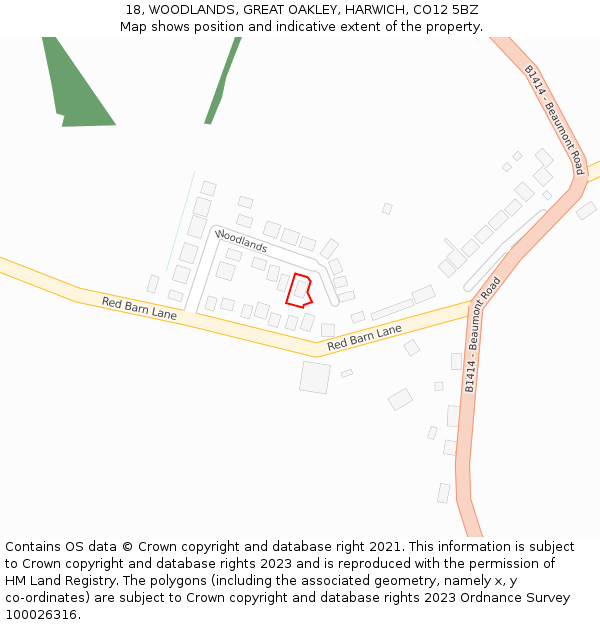 18, WOODLANDS, GREAT OAKLEY, HARWICH, CO12 5BZ: Location map and indicative extent of plot