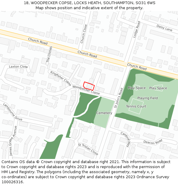 18, WOODPECKER COPSE, LOCKS HEATH, SOUTHAMPTON, SO31 6WS: Location map and indicative extent of plot