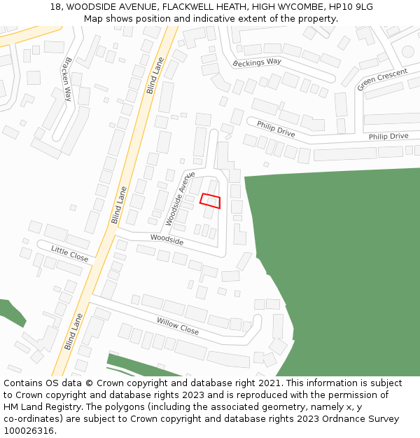 18, WOODSIDE AVENUE, FLACKWELL HEATH, HIGH WYCOMBE, HP10 9LG: Location map and indicative extent of plot