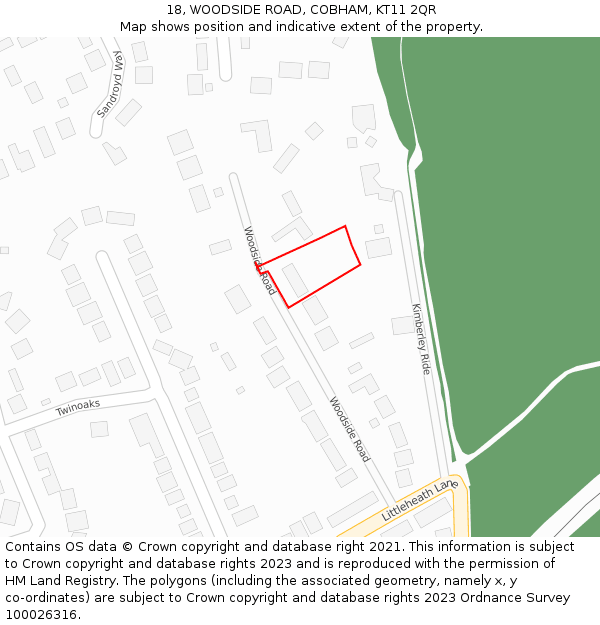 18, WOODSIDE ROAD, COBHAM, KT11 2QR: Location map and indicative extent of plot