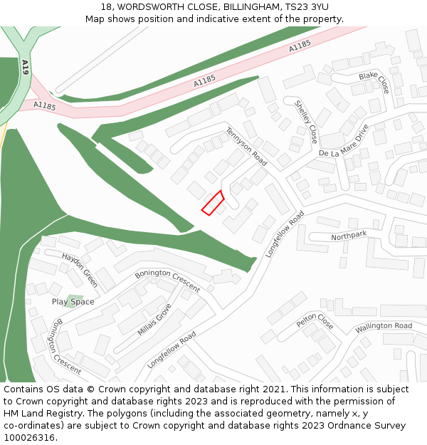 18, WORDSWORTH CLOSE, BILLINGHAM, TS23 3YU: Location map and indicative extent of plot