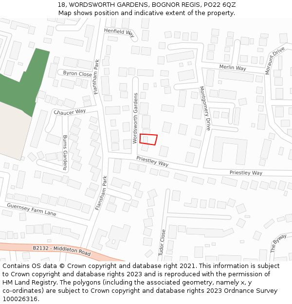 18, WORDSWORTH GARDENS, BOGNOR REGIS, PO22 6QZ: Location map and indicative extent of plot