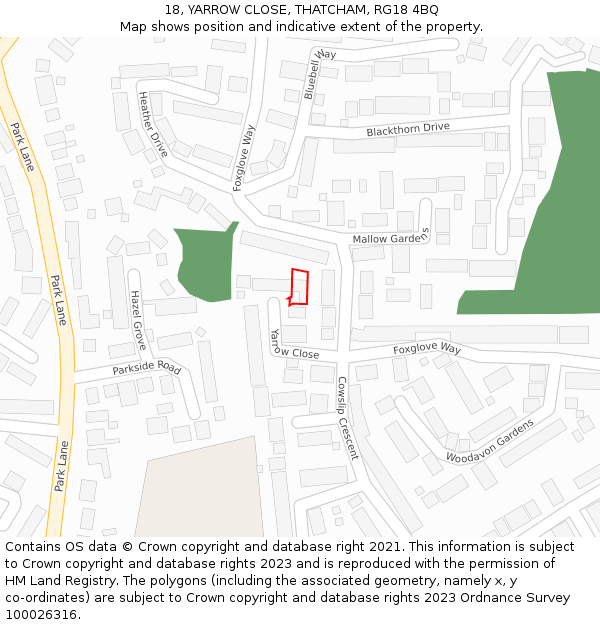 18, YARROW CLOSE, THATCHAM, RG18 4BQ: Location map and indicative extent of plot