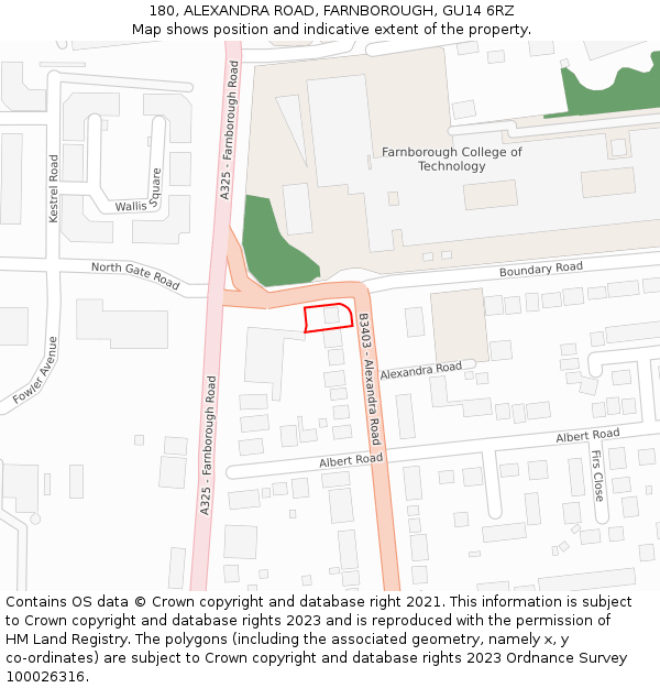 180, ALEXANDRA ROAD, FARNBOROUGH, GU14 6RZ: Location map and indicative extent of plot