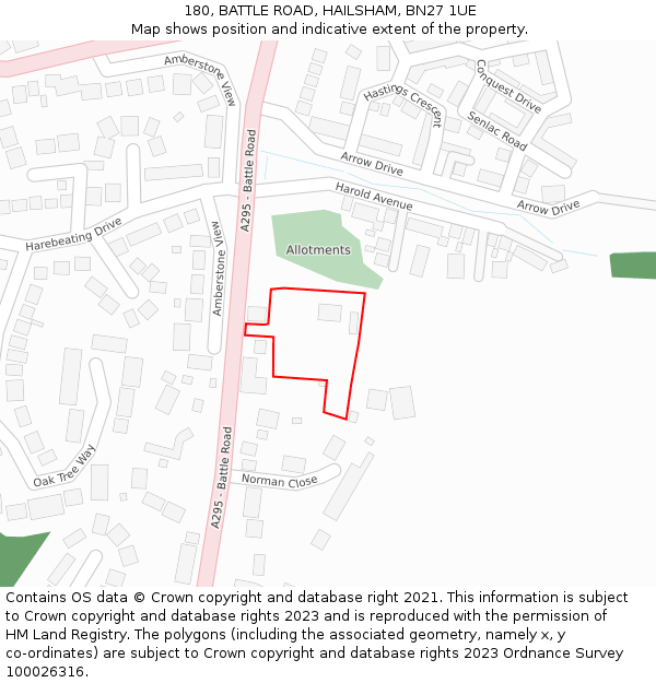 180, BATTLE ROAD, HAILSHAM, BN27 1UE: Location map and indicative extent of plot