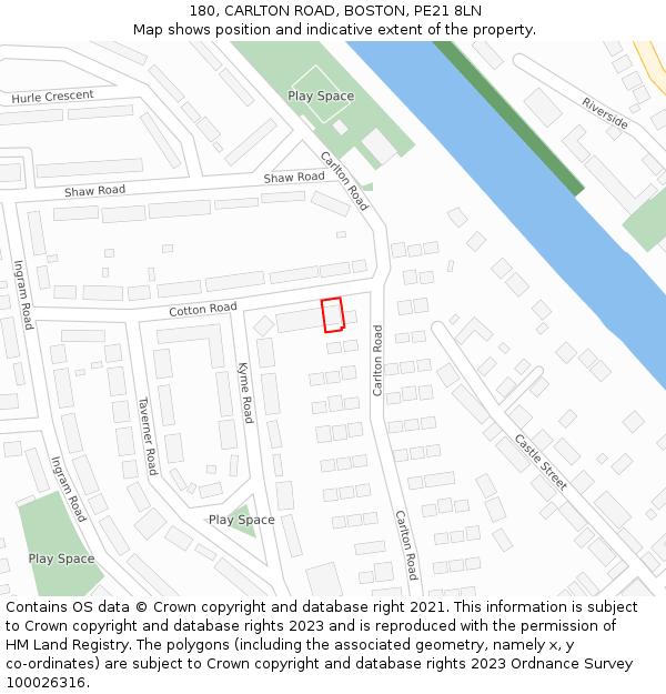 180, CARLTON ROAD, BOSTON, PE21 8LN: Location map and indicative extent of plot