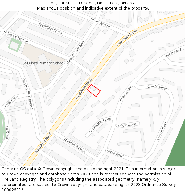 180, FRESHFIELD ROAD, BRIGHTON, BN2 9YD: Location map and indicative extent of plot
