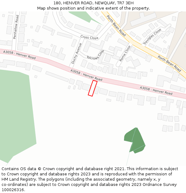 180, HENVER ROAD, NEWQUAY, TR7 3EH: Location map and indicative extent of plot