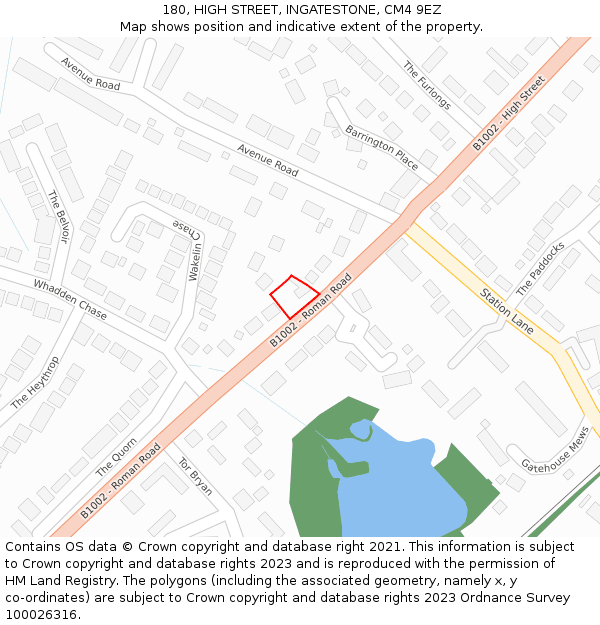 180, HIGH STREET, INGATESTONE, CM4 9EZ: Location map and indicative extent of plot