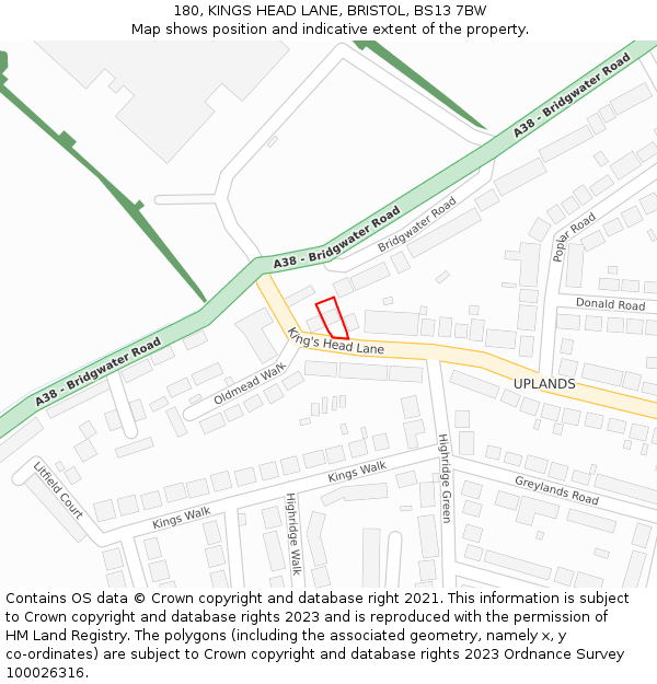 180, KINGS HEAD LANE, BRISTOL, BS13 7BW: Location map and indicative extent of plot