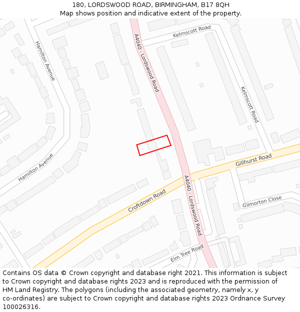 180, LORDSWOOD ROAD, BIRMINGHAM, B17 8QH: Location map and indicative extent of plot